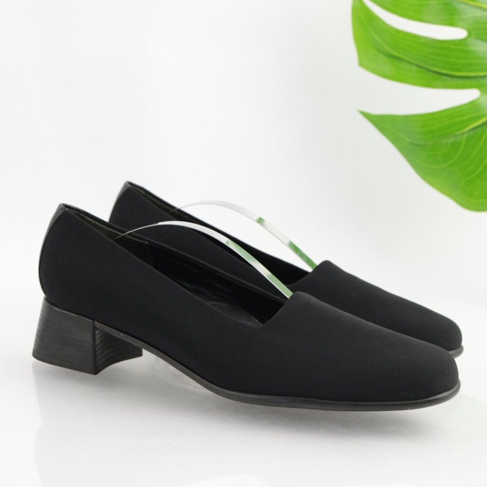 Munro Womens Jazz Loafer Pump Size 10 NARROW Black Satin Block Heel Slip On Shoe